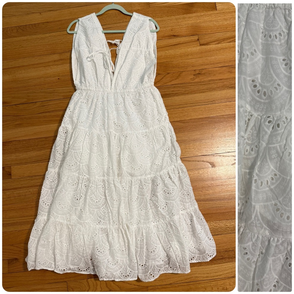 100% Cotton-Better Be- White Eyelet Tiered Midi Dress with Tie Size M